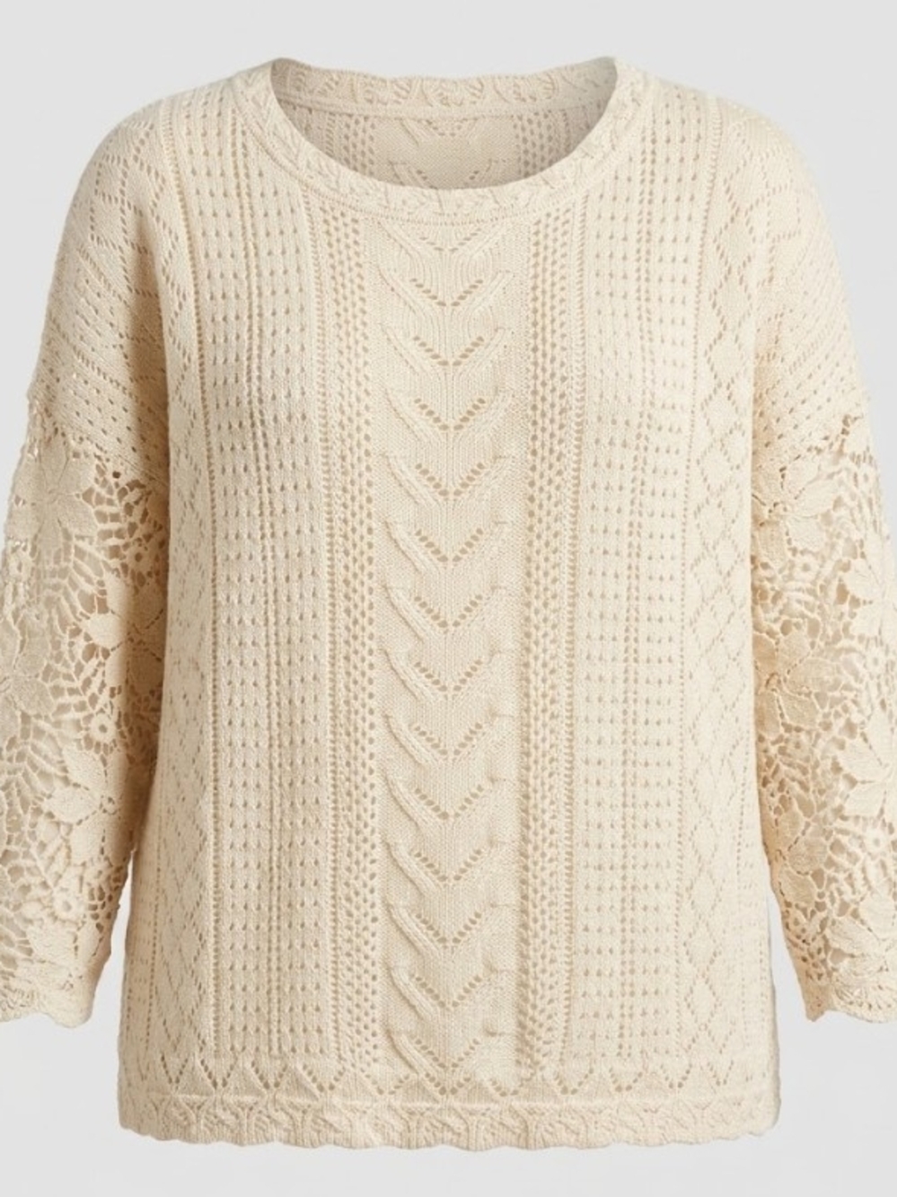 Cream Cable-Knit Sweater Crochet Lace Sleeves (Sz L/XL)  Boho Fall Neutral Layer
